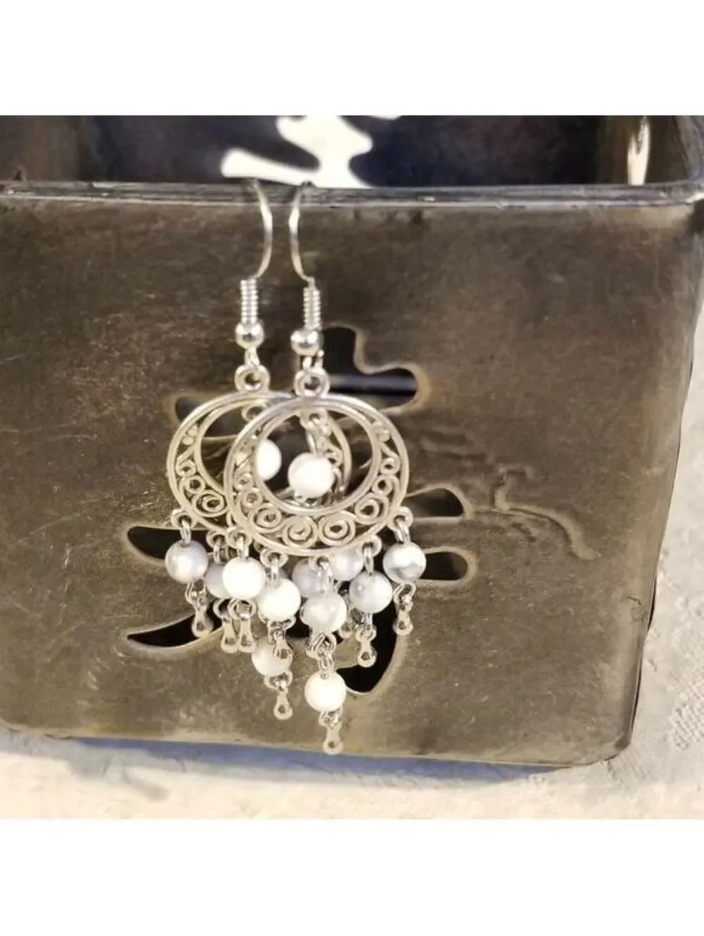 Hand Crafted Natural White Howlite Gemstone Antique Silver Chandelier Earrings